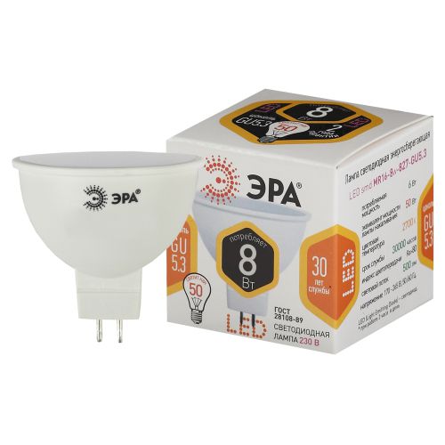 Лампа светодиодная STD LED MR16-8W-827-GU5.3 GU5.3 8Вт софит тепл. бел. Эра Б0057002 Лампа светодиодная STD LED MR16-8W-827-GU5.3 GU5.3 8Вт софит тепл. бел. Эра Б0057002