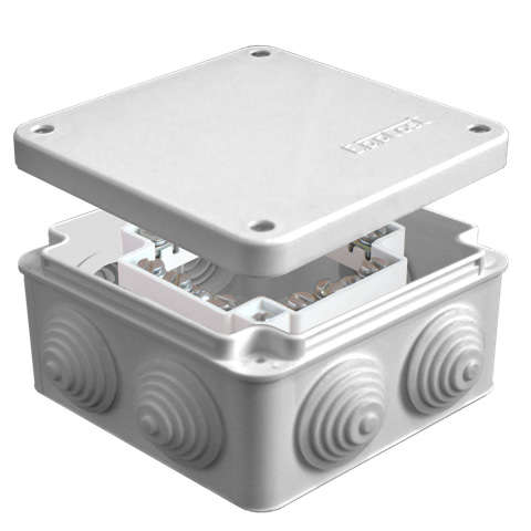 Коробка распределительная ОП 105х105х56мм IP54 с клемм. 7 выходов 4 гермоввода 16А 24 контакта крышка на винтах сер. Epplast 110058 Коробка распределительная ОП 105х105х56мм IP54 с клемм. 7 выходов 4 гермоввода 16А 24 контакта крышка на винтах сер. Epplast 110058