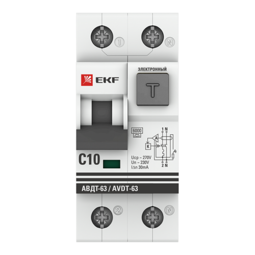 Выключатель автоматический дифференциального тока 2п C 10А 30мА тип A 6кА АВДТ-63 2мод. электрон. PROxima EKF DA63-10-30e фото 2