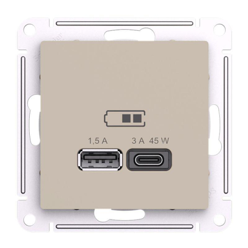 Розетка USB AtlasDesign тип A+C 45Вт высокоскор. ЗУ QC PD механизм песочн. SE ATN001229 фото 3