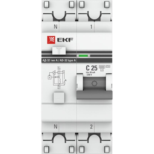 Выключатель автоматический дифференциального тока 2п (1P+N) C 25А 30мА тип A 6кА АД-32 защита 270В электрон. PROxima EKF DA32-6-25-30-a-pro фото 2