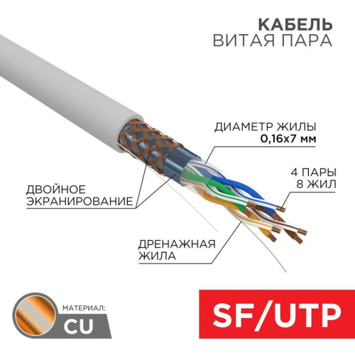 Кабель витая пара SF/UTP кат.5E 4х2х24AWG медь МЖ сер. (305м) Rexant 01-0343