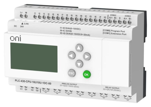 Модуль ЦПУ ПЛК 430 4 DI 12 UI (0-10В/DI) 8 RO 2 AO (1шт 0-10В и 1шт 0-20мА) 24В DC с Ethernet портом с экраном ONI PLC-430-CPU-16U10U-1DC-00 фото 4