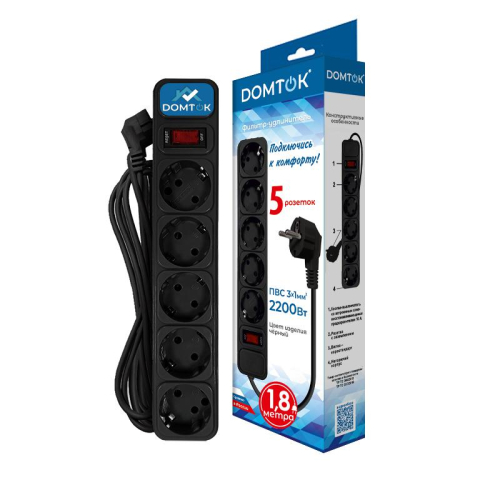 Удлинитель с сетевым фильтром 5х1.8м с заземл 10А IP20 2.2кВт ПВС 3х1 с выкл. черн. DOMTOK 2537 фото 2 Удлинитель с сетевым фильтром 5х1.8м с заземл 10А IP20 2.2кВт ПВС 3х1 с выкл. черн. DOMTOK 2537 фото 2