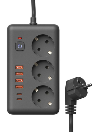 Удлинитель с сетевым фильтром 3х5м 10А 4USB + 2USBC 2500Вт ПВС 3х1 прямоуг. черн. КОСМОС FKsmPR-5m-3g(B)USB фото 2