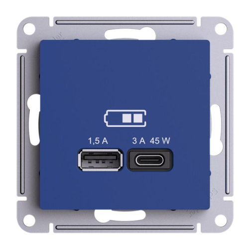 Розетка USB AtlasDesign тип A+C 45Вт высокоскор. ЗУ QC PD механизм аквамарин SE ATN001129 фото 3