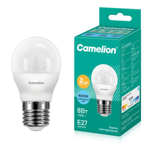 Лампа светодиодная LED8-G45/845/E27 8Вт шар 4500К бел. E27 750лм 220В Camelion 12394 Лампа светодиодная LED8-G45/845/E27 8Вт шар 4500К бел. E27 750лм 220В Camelion 12394