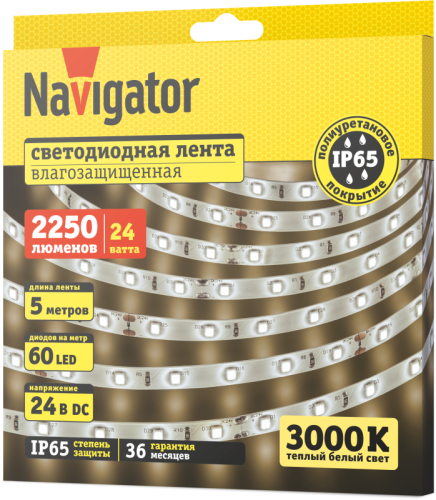 Лента светодиодная 95 312 NLS-2835WW60-4.8-IP65-24V (уп.5м) Navigator 95312 фото 2