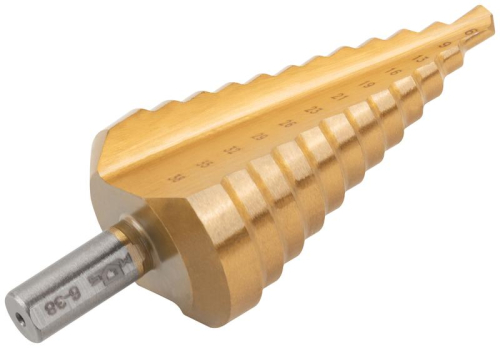 Сверло ступенчатое HSS по металлу 12 ступеней 6-9-13-16-19-21-23-26-29-32-35-38мм MOS 36386М фото 5