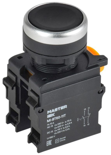 Кнопка d22мм 1НО+1НЗ MASTER с фиксацией черн. IEK MI-BT60-11T-3-21-K02 Кнопка d22мм 1НО+1НЗ MASTER с фиксацией черн. IEK MI-BT60-11T-3-21-K02