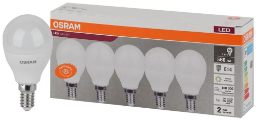 Лампа светодиодная LED Value LVCLP60 7SW/830 7Вт шар матовая E14 230В 2х5 RU (уп.5шт) OSRAM 4058075578104 Лампа светодиодная LED Value LVCLP60 7SW/830 7Вт шар матовая E14 230В 2х5 RU (уп.5шт) OSRAM 4058075578104