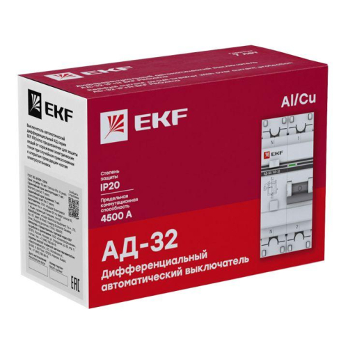 Выключатель автоматический дифференциального тока 2п (1P+N) C 63А 30мА тип AC 4.5кА АД-32 защита 270В электрон. PROxima EKF DA32-63-30-pro фото 3