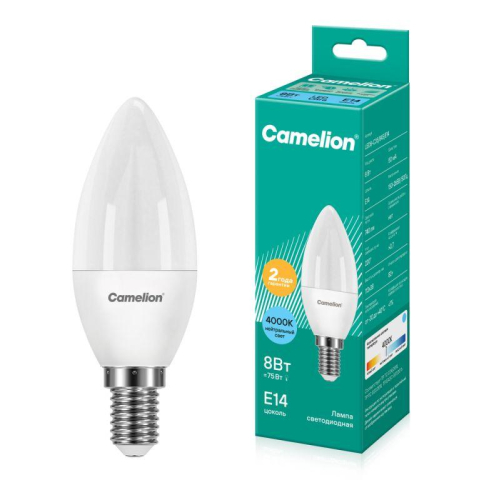 Лампа светодиодная LED8-C35/845/E14 8Вт свеча 4500К бел. E14 750лм 220В Camelion 12386 Лампа светодиодная LED8-C35/845/E14 8Вт свеча 4500К бел. E14 750лм 220В Camelion 12386