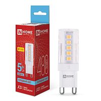 Лампа светодиодная LED-JCD 5Вт капсульная прозрачная 6500К холод. бел. G9 480лм 230В IN HOME 4690612036342