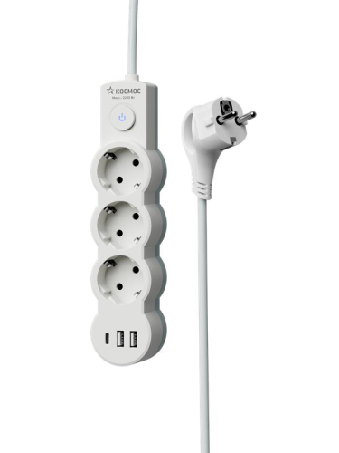 Удлинитель 3х1.5м с заземл. 10А IP20 USB 2800Вт 220В ПВС 3х1 с выкл. бел. КОСМОС YKsm1.5m3g-Z-VU10А-W фото 4 Удлинитель 3х1.5м с заземл. 10А IP20 USB 2800Вт 220В ПВС 3х1 с выкл. бел. КОСМОС YKsm1.5m3g-Z-VU10А-W фото 4