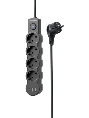 Удлинитель 3х5м с заземл. 10А IP20 USB 2500Вт 220В ПВС 3х1 с выкл. черн. КОСМОС YKsm5m4g-Z-VU10А-B фото 4