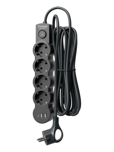Удлинитель 3х5м с заземл. 10А IP20 USB 2500Вт 220В ПВС 3х1 с выкл. черн. КОСМОС YKsm5m4g-Z-VU10А-B фото 3