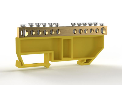 Шина PE "земля" на DIN-изоляторе 6х9мм 12 отвер. латунь TOKOV ELECTRIC TKE-BCB-69-12-DIN/PE