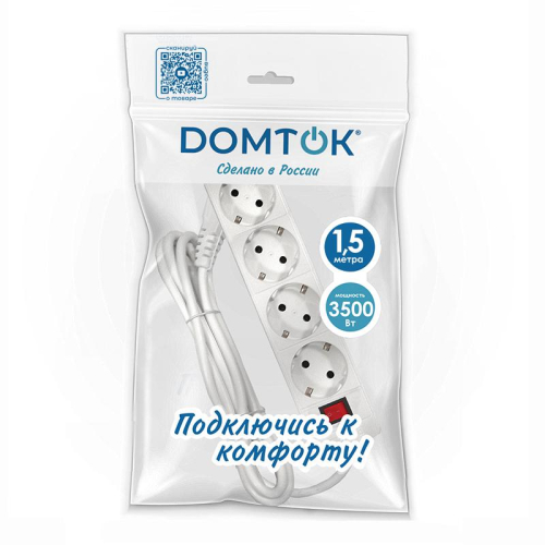 Удлинитель 4х1.5м с заземл. 16А IP20 3х1 с выкл. бел. DOMTOK 2374 фото 2
