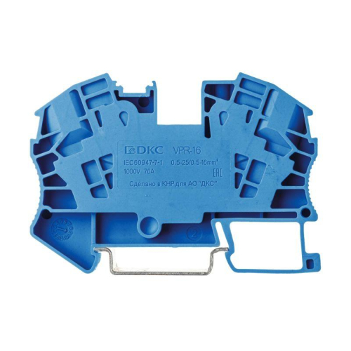 Клемма проходная зажим push-in 2 точки подключения 16кв.мм син. DKC VPR-16-BU фото 2