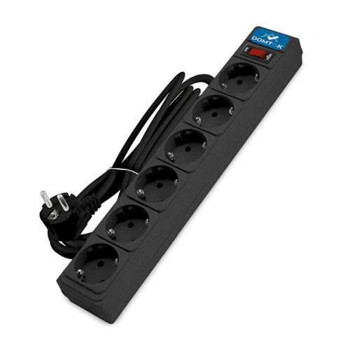 Удлинитель с сетевым фильтром 6х3м с заземл 10А IP20 2.2кВт ПВС 3х1 с выкл. черн. DOMTOK 2522 Удлинитель с сетевым фильтром 6х3м с заземл 10А IP20 2.2кВт ПВС 3х1 с выкл. черн. DOMTOK 2522