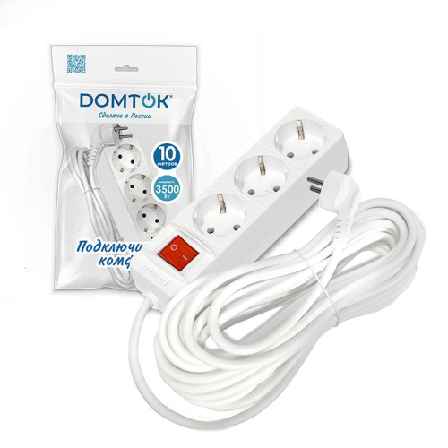 Удлинитель 3х10м с заземл. 16А IP20 3.5кВт ПВС 3х1 с выкл. бел. DOMTOK 2380 фото 2 Удлинитель 3х10м с заземл. 16А IP20 3.5кВт ПВС 3х1 с выкл. бел. DOMTOK 2380 фото 2