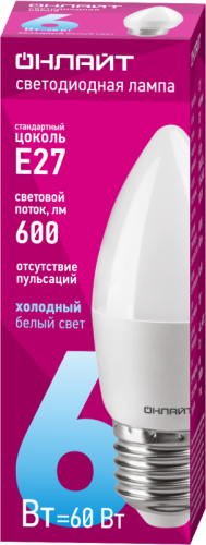 Лампа светодиодная 61 129 OLL-C37-6-230-6.5K-E27-FR 6Вт свеча 6500К холод. бел. E27 600лм 176-264В ОНЛАЙТ 61129 фото 2