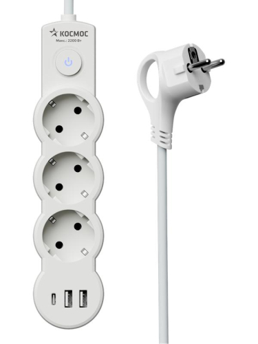 Удлинитель 3х1.5м с заземл. 10А IP20 USB 2800Вт 220В ПВС 3х1 с выкл. бел. КОСМОС YKsm1.5m3g-Z-VU10А-W фото 5 Удлинитель 3х1.5м с заземл. 10А IP20 USB 2800Вт 220В ПВС 3х1 с выкл. бел. КОСМОС YKsm1.5m3g-Z-VU10А-W фото 5