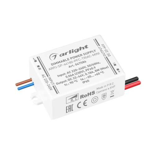Блок питания ARPJ-SP-44180-PFC-TRIAC-MINI (8Вт 22-44В 180мА) IP65 пластик Arlight 047586