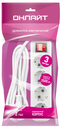 Удлинитель 4х3м с заземл. 16А IP20 90 809 OPE-S-04-300-ESC-3x1 с кнопкой бел. ОНЛАЙТ 90809 фото 3