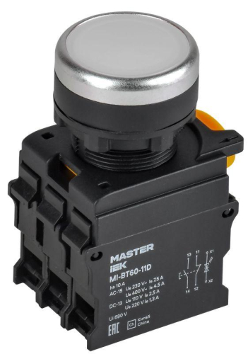 Кнопка d22мм 1НО+1НЗ MASTER с подсветкой бел. IEK MI-BT60-11D-3-12-K01 Кнопка d22мм 1НО+1НЗ MASTER с подсветкой бел. IEK MI-BT60-11D-3-12-K01