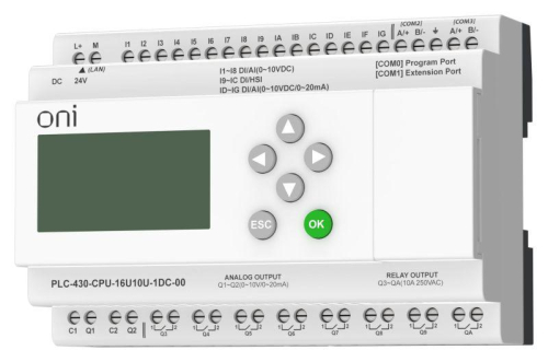 Модуль ЦПУ ПЛК 430 4 DI 12 UI (0-10В/DI) 8 RO 2 AO (1шт 0-10В и 1шт 0-20мА) 24В DC с Ethernet портом с экраном ONI PLC-430-CPU-16U10U-1DC-00 фото 3