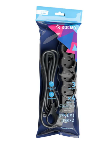 Удлинитель 4х3м с заземл. 10А IP20 USB type-Aх2 + type-C 2500Вт 220В ПВС 3х1 с выкл. черн. КОСМОС YKsm3m4g-Z-VU10А-B фото 2