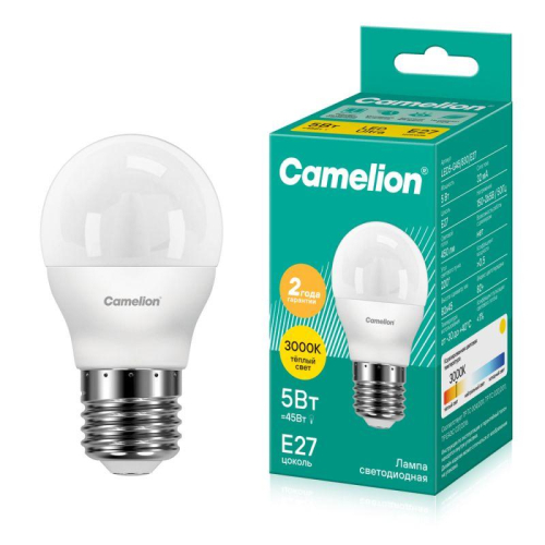 Лампа светодиодная LED5-G45/830/E27 5Вт шар матовая 3000К тепл. бел. E27 410лм 220В Camelion 12028 Лампа светодиодная LED5-G45/830/E27 5Вт шар матовая 3000К тепл. бел. E27 410лм 220В Camelion 12028