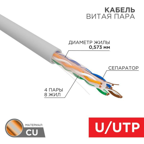 Кабель витая пара U/UTP кат.6 4х2х23AWG CU LSZH нг(А)-HF INDOOR SOLID сер. (305м) Rexant 01-0067 Кабель витая пара U/UTP кат.6 4х2х23AWG CU LSZH нг(А)-HF INDOOR SOLID сер. (305м) Rexant 01-0067