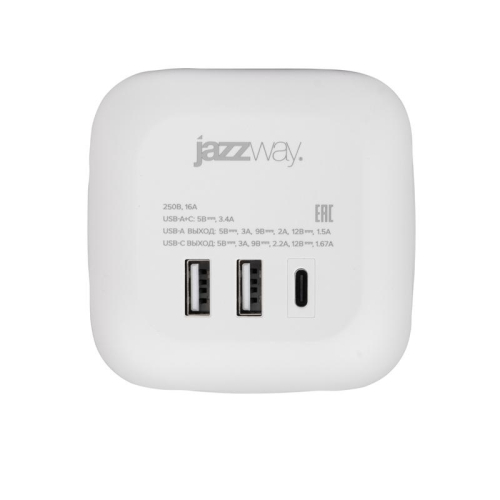 Разветвитель 3-м с заземл. 2хUSB type-A + 1х type-C AC-3UGS-wh с выкл. бел. JazzWay 5060630 фото 7