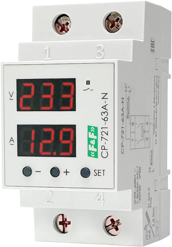 Реле напряжения с контролем тока и мощности CP-721-63A-N 1ф 2НО 2х63А с разрывом нейтрали в соответствии с ПУЭ 7.1.21 и предназнач. для защ. сети бытовой техники от повыш. или пониж. напржения в сети F&F EA04.009.028 Реле напряжения с контролем тока и мощности CP-721-63A-N 1ф 2НО 2х63А с разрывом нейтрали в соответствии с ПУЭ 7.1.21 и предназнач. для защ. сети бытовой техники от повыш. или пониж. напржения в сети F&F EA04.009.028