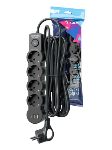 Удлинитель 3х1.5м с заземл. 10А IP20 USB 2500Вт 220В ПВС 3х1 с выкл. черн. КОСМОС YKsm1.5m4g-Z-VU10А-B Удлинитель 3х1.5м с заземл. 10А IP20 USB 2500Вт 220В ПВС 3х1 с выкл. черн. КОСМОС YKsm1.5m4g-Z-VU10А-B