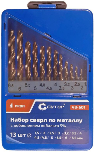 Набор сверл по металлу Profi 1.5-6.5мм (через 0.5мм + 32мм; 48мм) (13шт) с кобальтом 5ти-проц. в метал. коробке Cutop 48-601