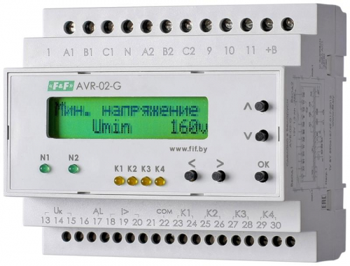 Устройство управления резервным питанием AVR-02-G (2 ввода однофункц. (для работы с генератором) ЖКИ индикатор 35мм 3х400В+N 5х8А 5P IP20 монтаж на DIN-рейке) F&F EA04.006.005