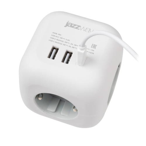 Разветвитель 3-м с заземл. 2хUSB type-A + 1х type-C AC-3UGS-wh с выкл. бел. JazzWay 5060630 фото 4