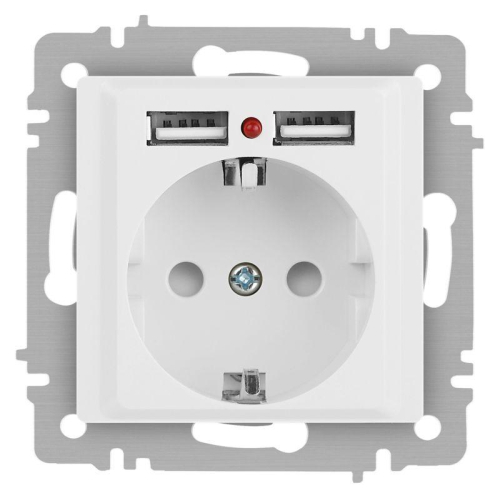 Розетка Accent 6-410-01М P+E Schuko со шторками 16А-250В + 2хUSB IP20 СУ бел. матов. Intro Б0063691
