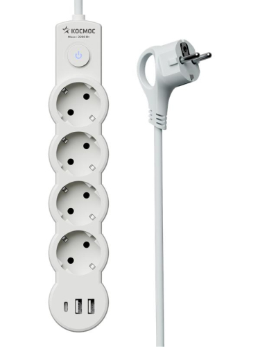 Удлинитель 4х5м с заземл. 10А IP20 USB type-Aх2 + type-C 2500Вт 220В ПВС 3х1 с выкл. бел. КОСМОС YKsm5m4g-Z-VU10А-W фото 5 Удлинитель 4х5м с заземл. 10А IP20 USB type-Aх2 + type-C 2500Вт 220В ПВС 3х1 с выкл. бел. КОСМОС YKsm5m4g-Z-VU10А-W фото 5