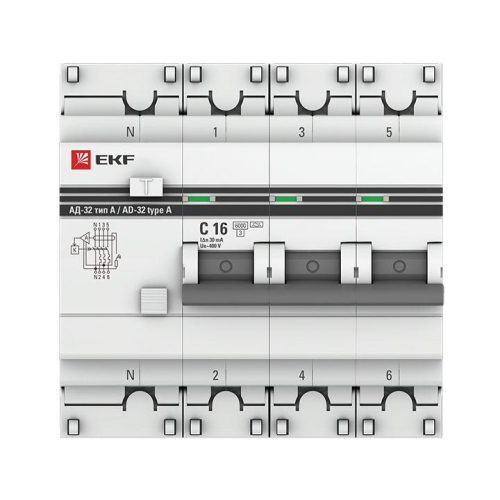 Выключатель автоматический дифференциального тока 4п (3P+N) C 16А 30мА тип A 6кА АД-32 защита 270В электрон. PROxima EKF DA32-6-16-30-4P-a-pro фото 2