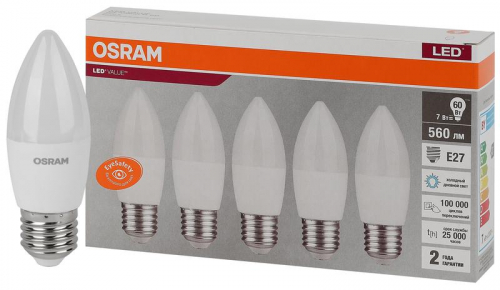 Лампа светодиодная LED Value LVCLB60 7SW/865 свеча матовая E27 230В 2х5 RU (уп.5шт) OSRAM 4058075578074 Лампа светодиодная LED Value LVCLB60 7SW/865 свеча матовая E27 230В 2х5 RU (уп.5шт) OSRAM 4058075578074
