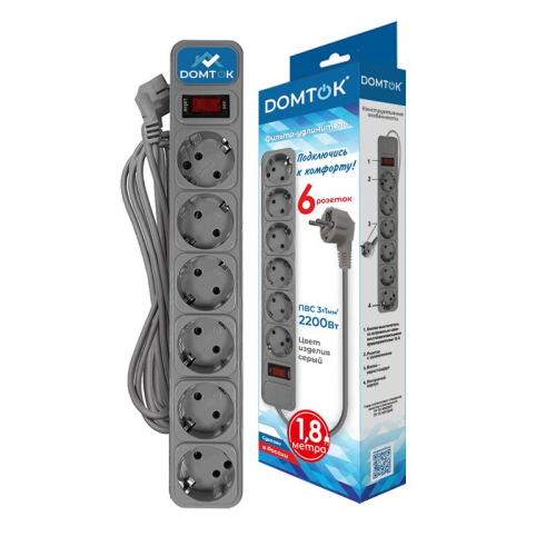 Удлинитель с сетевым фильтром 6х1.8м с заземл 10А IP20 2.2кВт ПВС 3х1 с выкл. сер. DOMTOK 2518 фото 2 Удлинитель с сетевым фильтром 6х1.8м с заземл 10А IP20 2.2кВт ПВС 3х1 с выкл. сер. DOMTOK 2518 фото 2