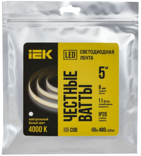 Лента светодиодная COB-480LED 11Вт/м IP20 8мм 24В 4000К (уп.5м) IEK LSR11-10-480-20-1-05 фото 2