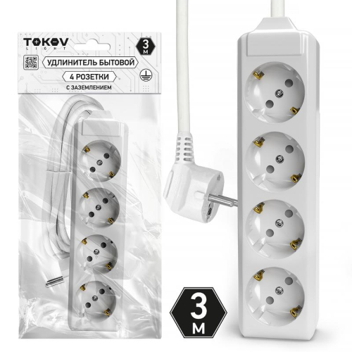 Удлинитель 4х3м с заземл. 10А 3х1.5 TOKOV ELECTRIC TKL-C01-BU4-3-1.5-Z