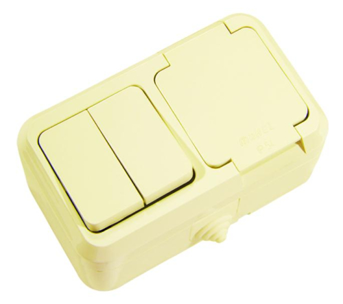 Блок выключатель 2-кл. + розетка с крышкой IP44 крем. Makel 18251