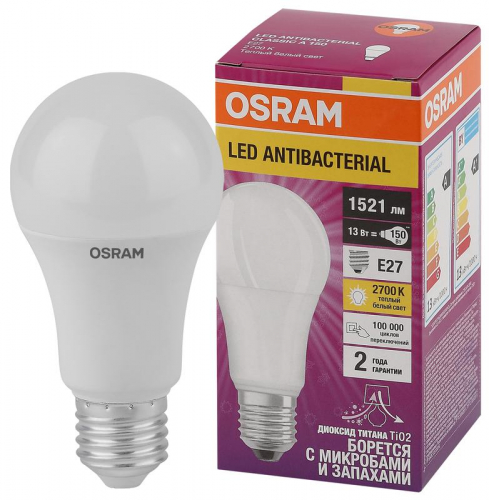 Лампа светодиодная LED Antibacterial A 13Вт грушевидная матовая 2700К тепл. бел. E27 1521лм 220-240В угол пучка 200град. бактерицидн. покрыт. (замена 150Вт) OSRAM 4058075561175 фото 2